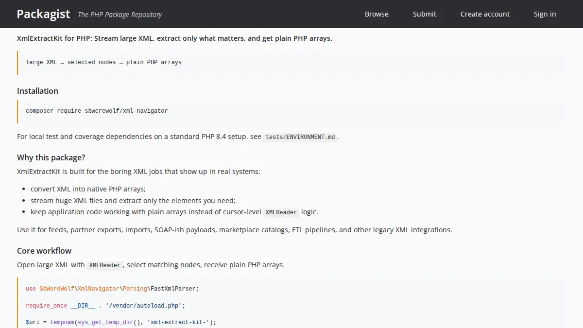 sbwerewolf/xml-navigator Packagist README preview